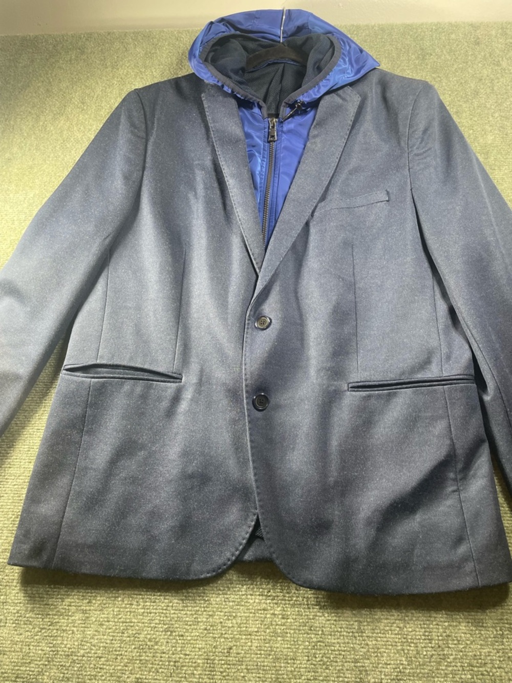 Classic Navy Sport Coat with Detachable Blue Zip-In Hood